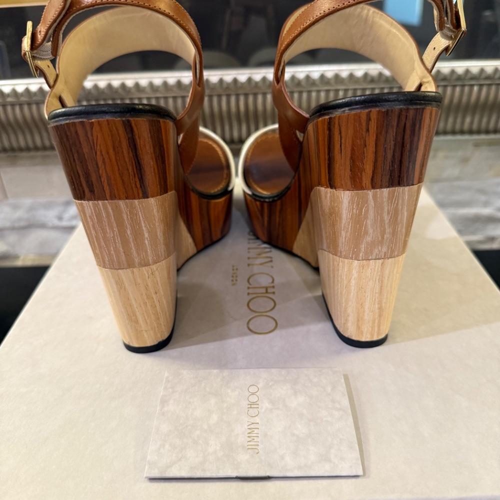 Jimmy Choo Brown and Cream Wood-Platform Slingback Sandals - Picture 4 of 8